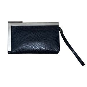 Calvin Klein Black Leather Snakeskin-Print Silver-tone Frame Wristlet Clutch